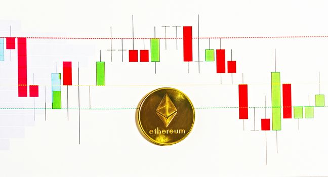 Ethereum ETH crypto currency blockchain Coin. Graph of the course bitcoin crypto btc digital marketing analyzing statistical information from vertical bar and charts printed