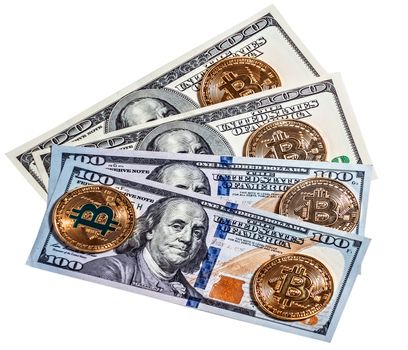 Gold bitcoin coin one hundred dollars bills money american. Macro portrait of Benjamin Franklin isolated on white background cryptocurrency mining concept.