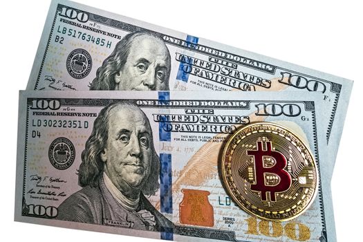 Gold bitcoin coin U.S. one hundred dollars bills. Coin exchange usd isolated on white background, cryptocurrency mining concept.