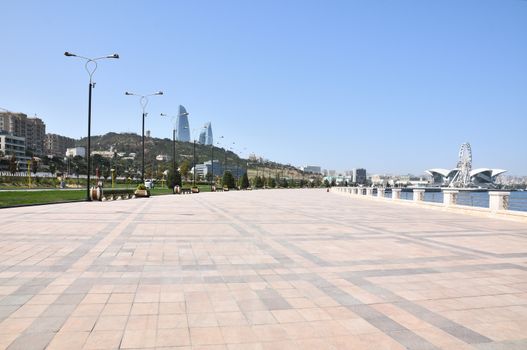 Seaside Boulevard on the Caspian shore in Baku in summer