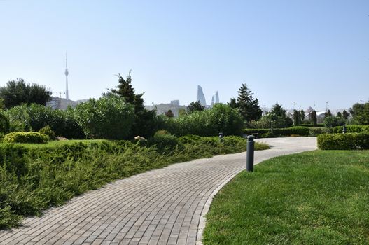 Seaside Boulevard on the Caspian shore in Baku in summer