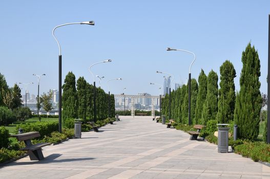 Seaside Boulevard on the Caspian shore in Baku in summer