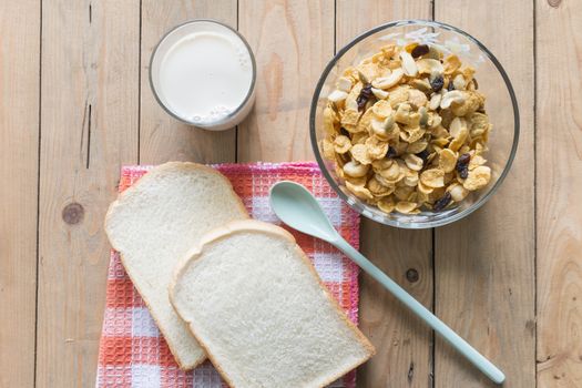 Breakfast in morning,corn flake,bread,milk