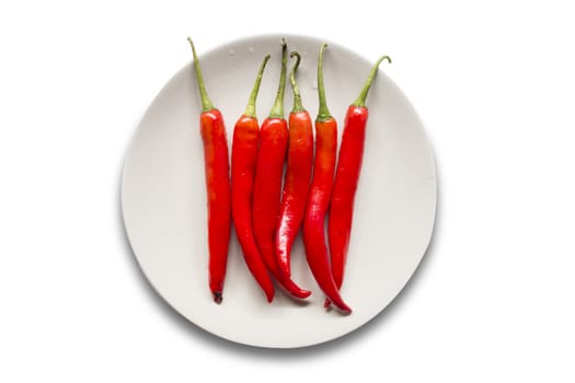 Red chilli pepper on white dish on white background,overhead
