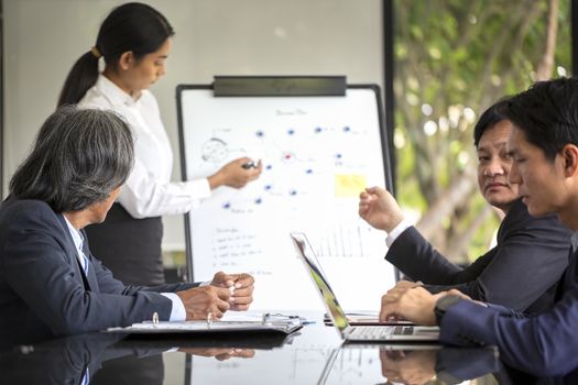 Group of business people planning meeting to conduct an intensive business organization. Business people discussing over new business project in office.