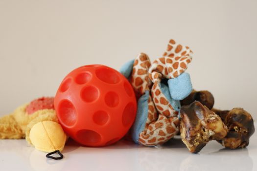 Three dog toys on white. Background chicken, ball and bone