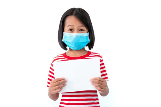 Asian little girls wearing masks to prevent the spread of the coronavirus (COVID-19) with a blank white paper on white background.