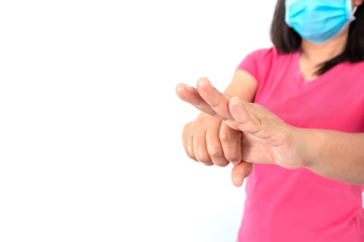 During the coronavirus (COVID-19) epidemic, A woman washing her hands with alcohol gel isolated on white background