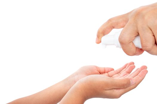 During the coronavirus epidemic mother teaches children to wash their hands with alcohol gel isolated on white background.