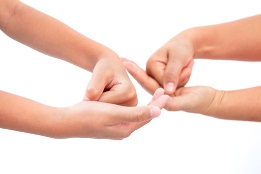 During the coronavirus epidemic mother teaches children to wash their hands with alcohol gel isolated on white background.