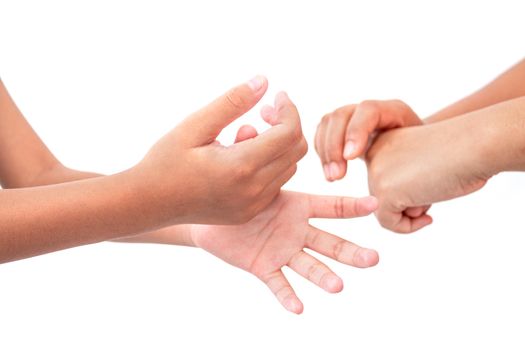 During the coronavirus epidemic mother teaches children to wash their hands with alcohol gel isolated on white background.