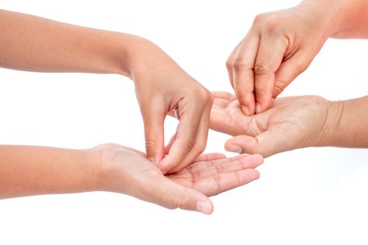 During the coronavirus epidemic mother teaches children to wash their hands with alcohol gel isolated on white background.