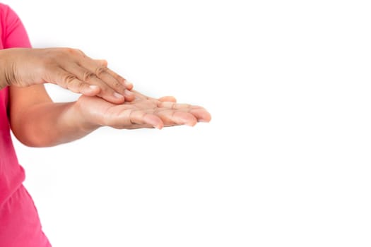 During the coronavirus (COVID-19) epidemic, A woman washing her hands with alcohol gel isolated on white background
