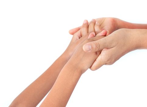 Children touch hands with parents with feelings of love and peace of mind.