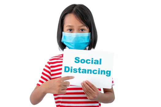 Coronavirus Outbreak. Lockdown and school closures. School girl in face mask holding a sign with the words "Social Distancing"