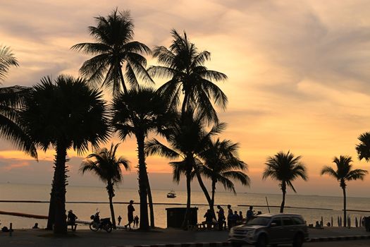Silhouette of tourists and coconut trees by the sea at sunset
