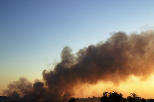 Many black smoke rise in the sky at sunset. The concept of weather is pollution.