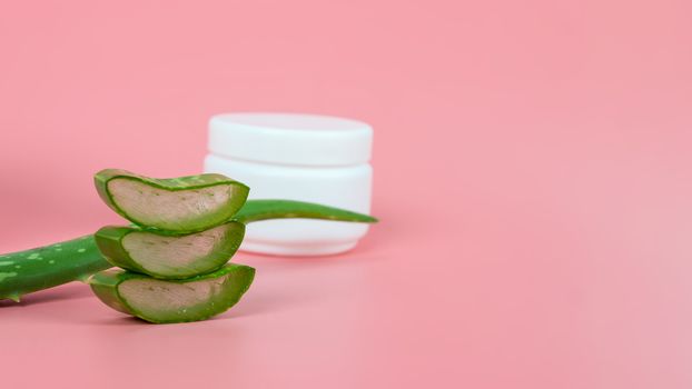 Fresh aloe vera leaves and slices on pastel pink background for Health and beauty products.