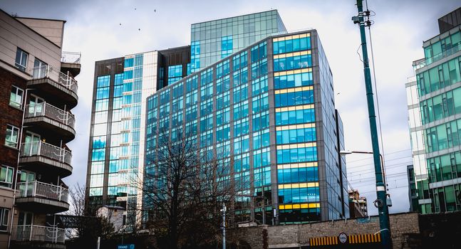 Dublin, Ireland - February 12, 2019: Architectural detail of the Irish headquarters building of the multinational Google on a winter day