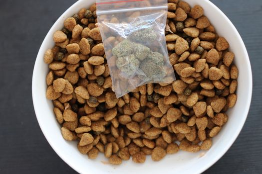 dog kibble and marijuana stock image.