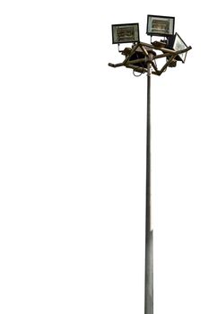 Spotlight tower of outdoor stadium with isolated white background.