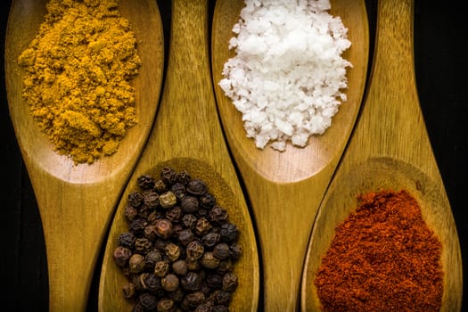 Various kinds of spice in wooden spoon background.