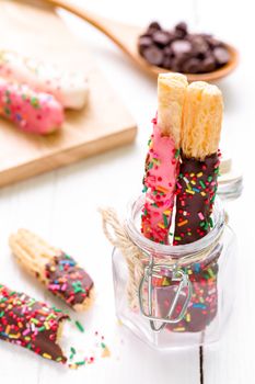 Colorful bread sticks for coffee break or tea break.