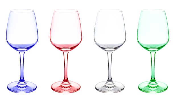 Very sharp image of empty wine glasses in various colors.
