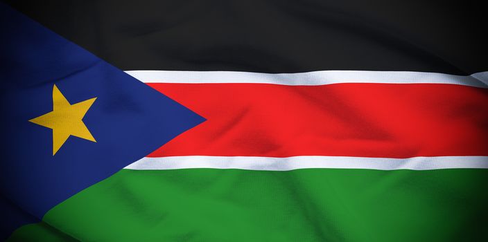 Wavy and rippled national flag of South Sudan background.