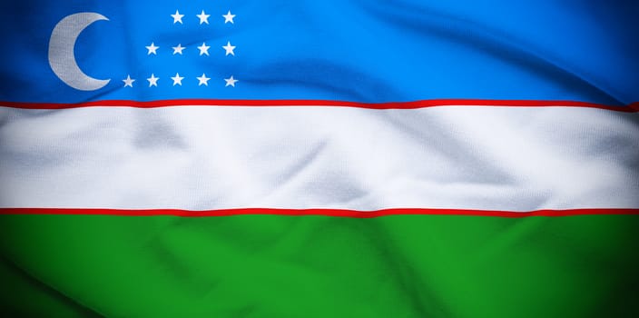 Wavy and rippled national flag of Uzbekistan background.