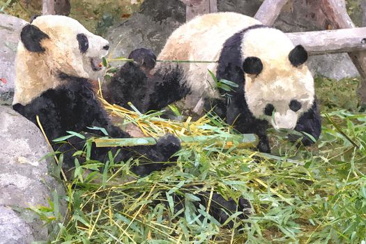 watercolor image of a giant panda eating bamboo.