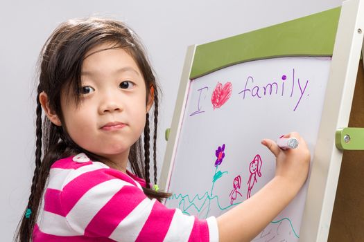 Kid drawing her family picture on whiteboard.