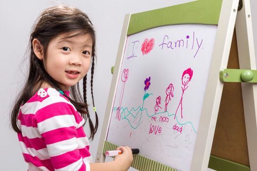 Kid drawing her family picture on whiteboard.