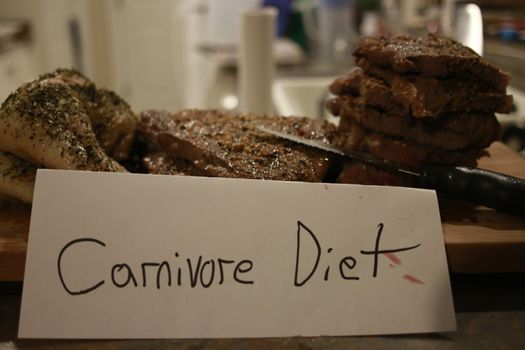 Carnivore diet concept. Raw ingredients for zero carb diet - meat, poultry, fish, seafood, eggs, beef bones for bone broth and copy space in center on gray stone background. Top view or flat lay..