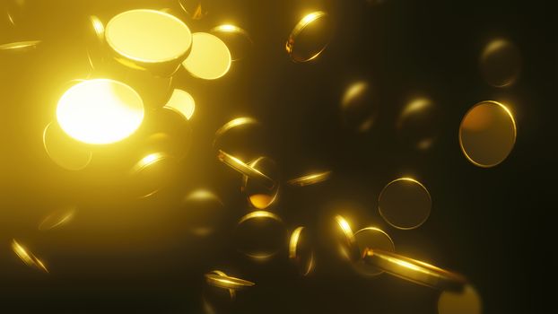 Gold coins falling on black background 3D render