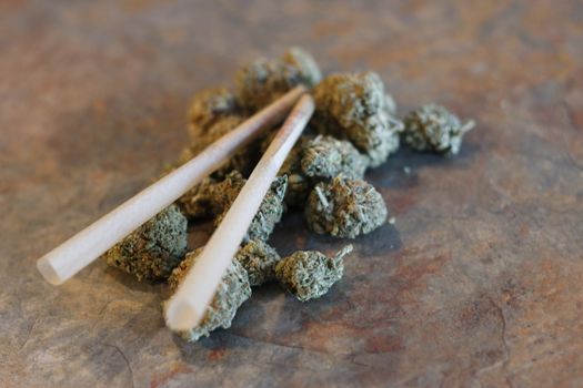 closeup of dried marijuana and handmade cigarette in ashtray
