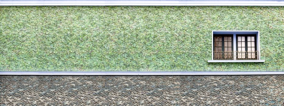 panorama of sand stone brick wall gray blue color and window