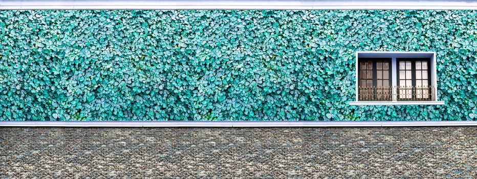 panorama of sand stone brick wall gray blue color and window