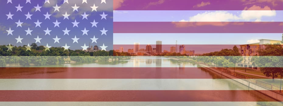 USA flag blended into a panorama of Rochester