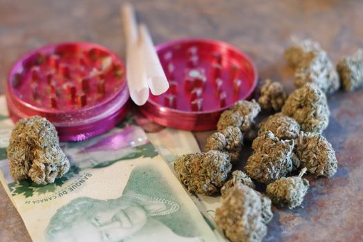 A grinder, pre rolled joints, canadian money, and weed.