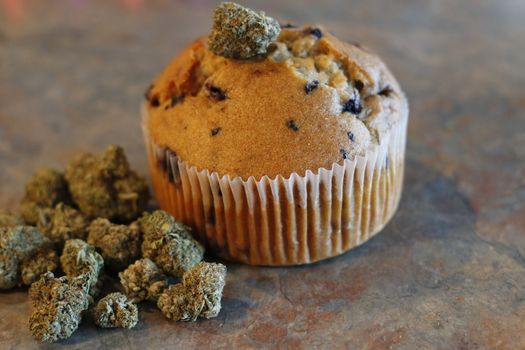 A cannabis muffin next to a bunch of marijuana buds.