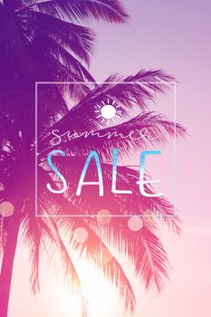 Summer sale qoute on tropical palm tree with fun colorful theme background.