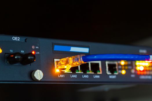 blue cable network connection to a port of a switch in Server Room