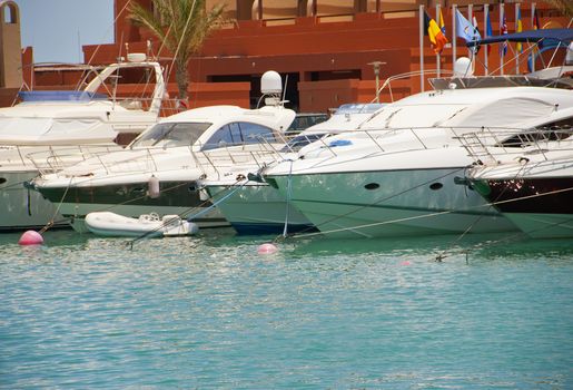 Luxury private motor yachts moored up in a marina at a tropical resort