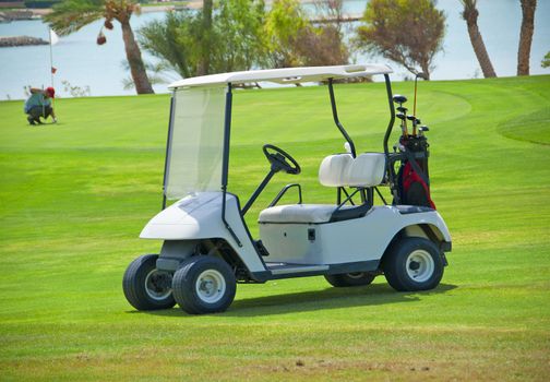 Electric golf buggy parked on the fairway of a golf course