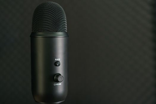 Close-up of professional condenser microphone on a black background.