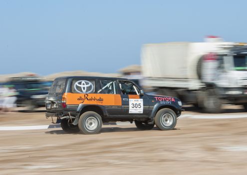 EL GOUNA, EGYPT - MARCH 28TH 2014:  El Gouna Rally Cup desert rally on March 28th 2014 in El Gouna, Egypt. The opening day special time trial stage in El Gouna