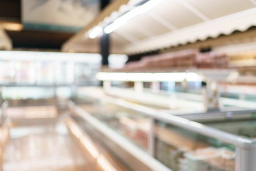 Blurred of supermarket with product shelves background image.