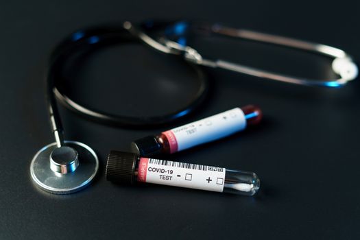 Coronavirus testing process, tube of blood test samples and swab collection kit of coronavirus (COVID-19).