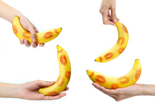 Collection Banana with red lipstick marks with hand on white background. isolated , Sex concept.